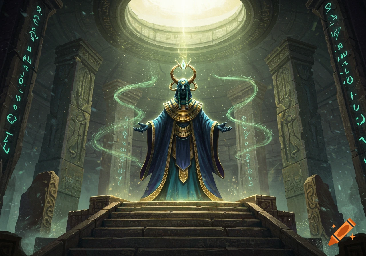 A robed, horned figure with a masked face stands on stone steps in an ancient, mystical temple, bathed in light and surrounded by glowing green runes.
