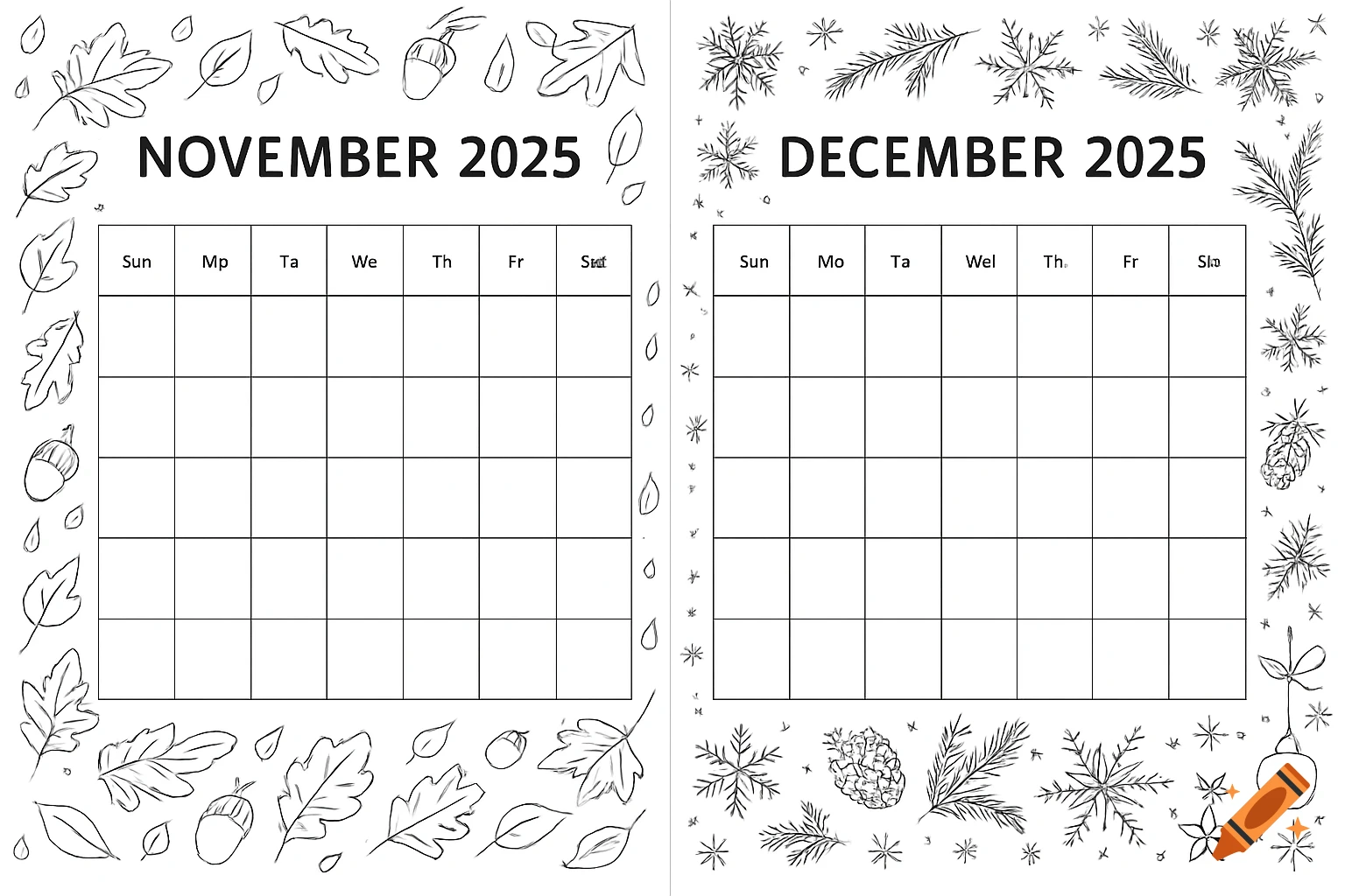 Black and white line art coloring calendar for November and December 2025, with autumn leaves and winter motifs.
