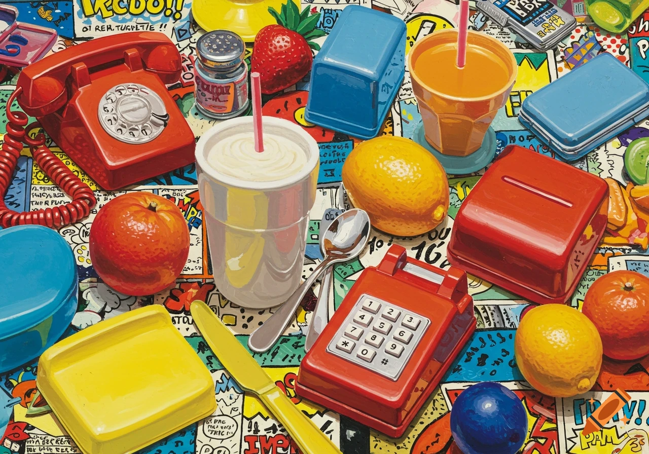 A vibrant pop art collage featuring various everyday objects like red rotary phones, fruit, drinks, and containers on a comic book background.