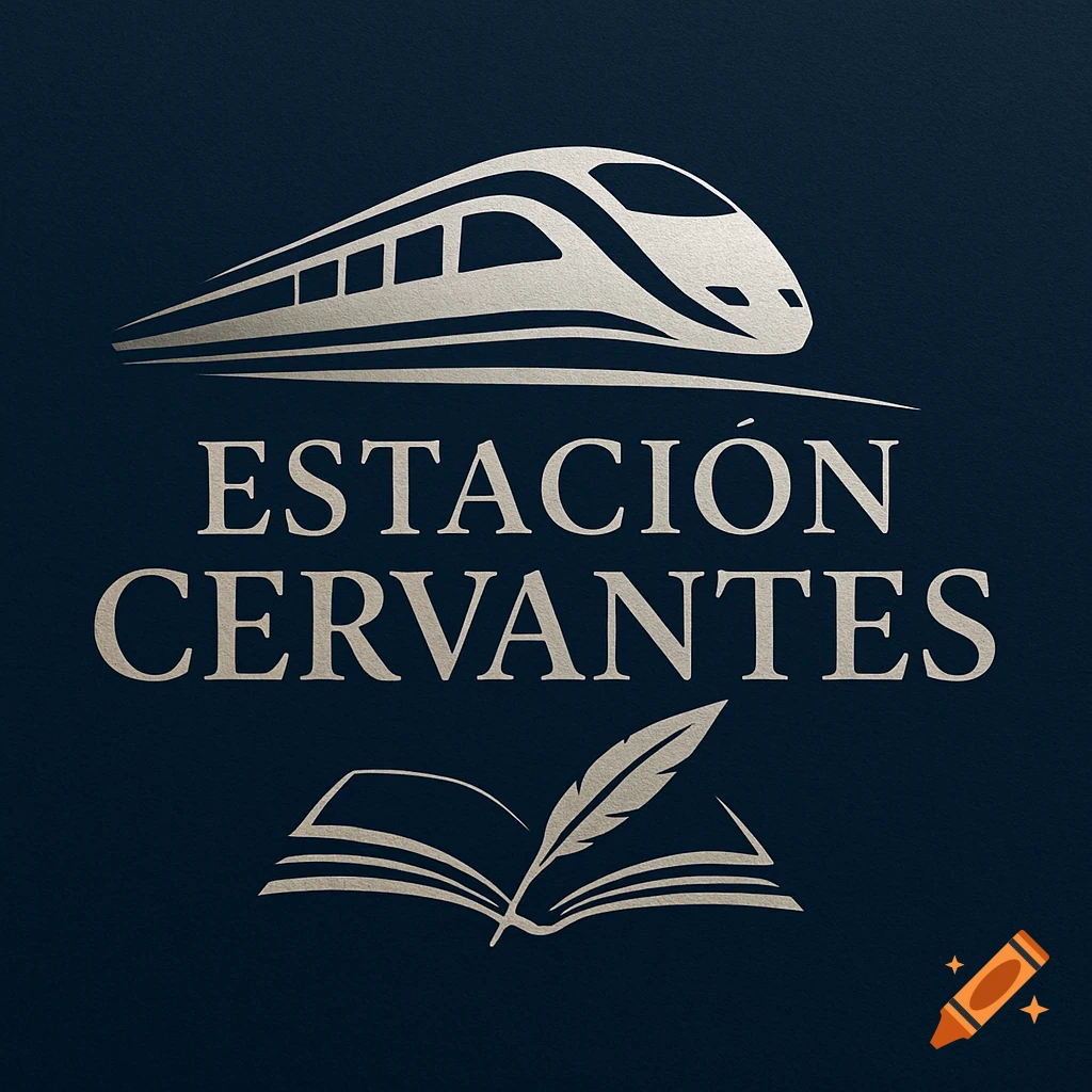 A silver logo on a dark blue background featuring a stylized train, text "ESTACIÓN CERVANTES", and an open book with a quill.