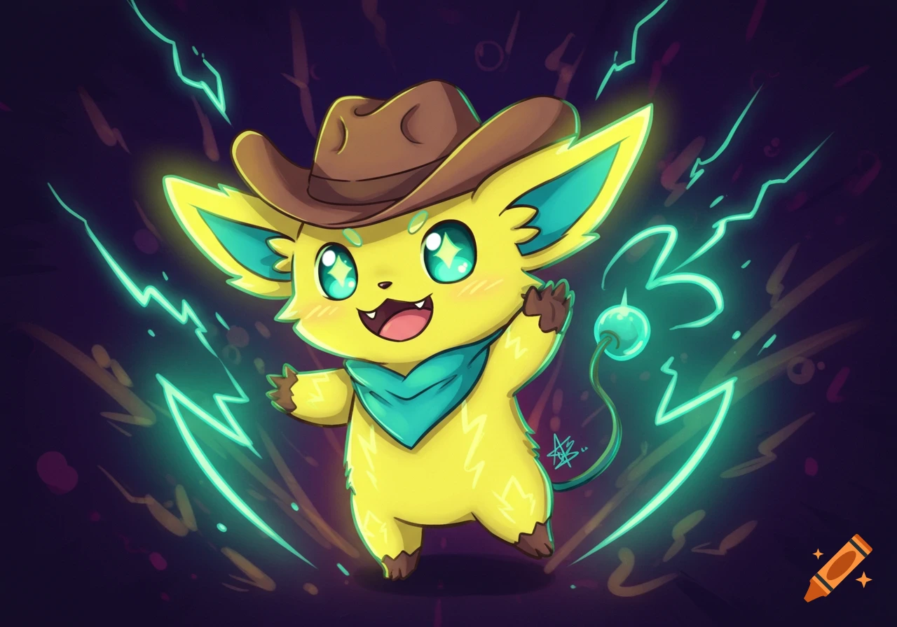 A cute, yellow, electric-type anime creature with big green eyes, wearing a brown cowboy hat and a teal bandana, surrounded by glowing green lightning.