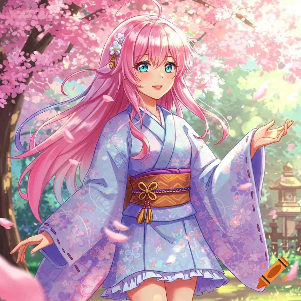 Anime girl with pink hair and blue eyes wearing a light blue kimono, standing under a canopy of pink cherry blossoms.