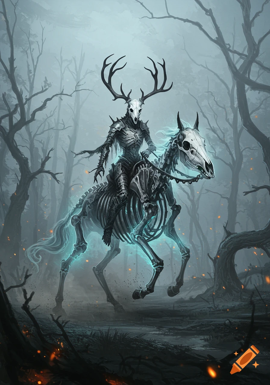 A skeletal warrior with an antlered skull mask rides a glowing skeletal horse through a misty, dead forest with sparse orange embers.