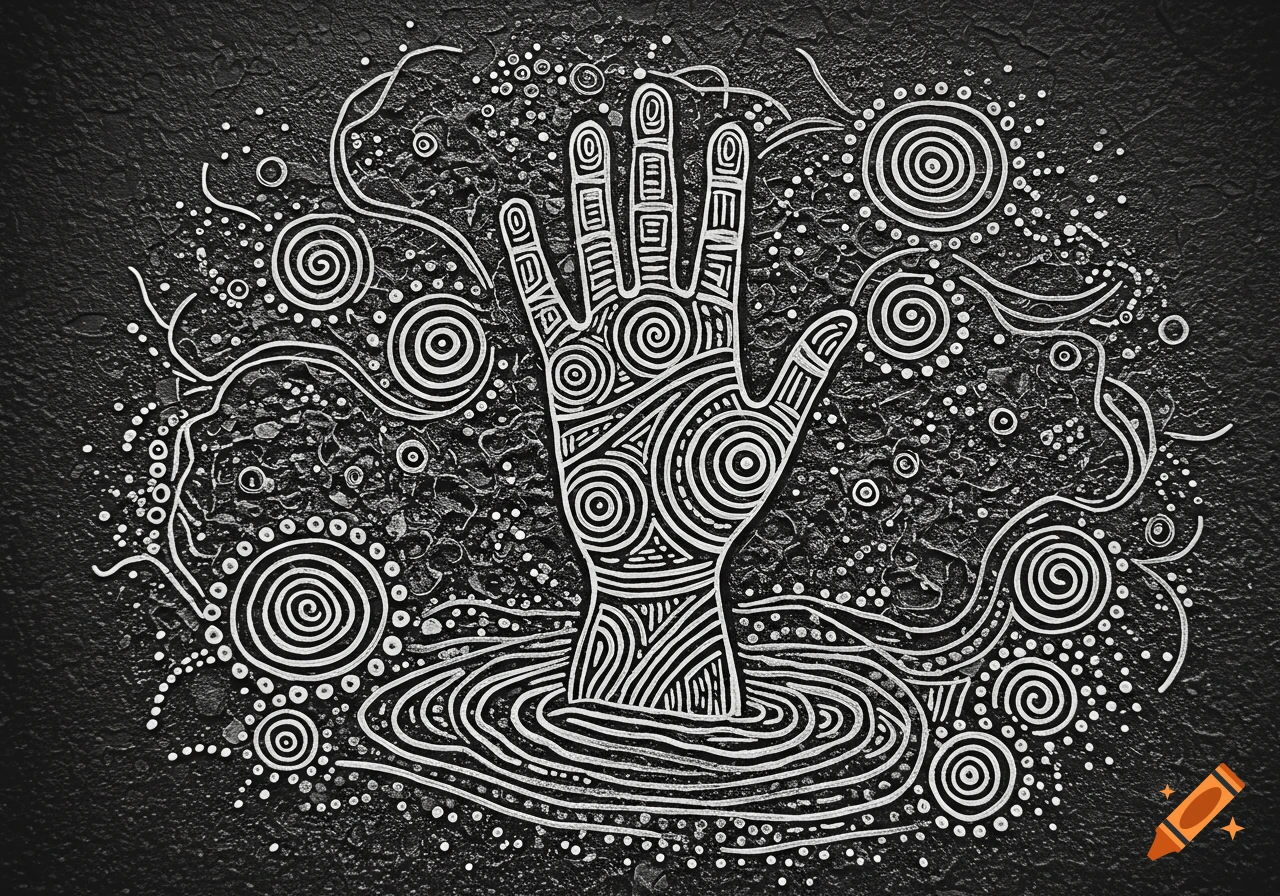 A black and white abstract artwork in Aboriginal art style featuring a hand rising from a pool of water, covered in intricate patterns and surrounded by dots and swirls.