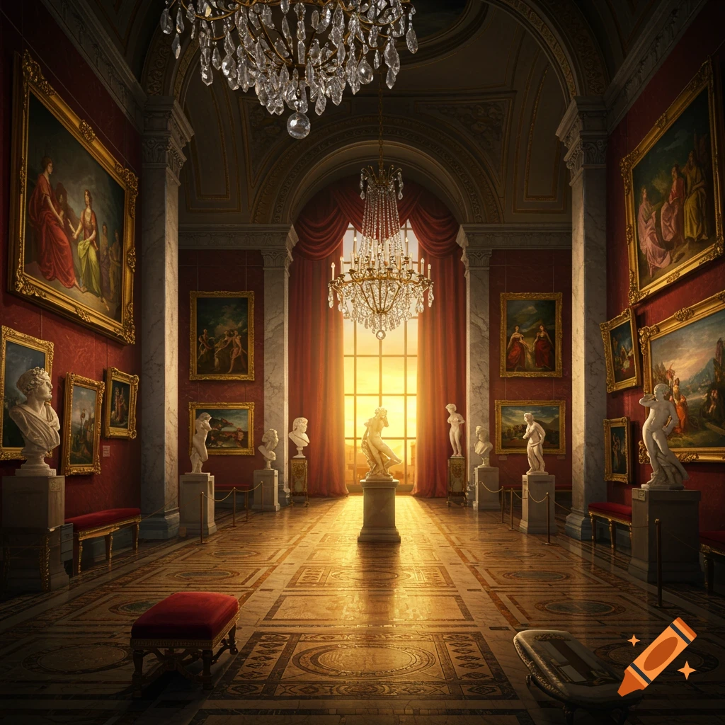 An opulent art gallery with classical statues, paintings on red walls, and chandeliers, lit by golden sunlight from a large window.