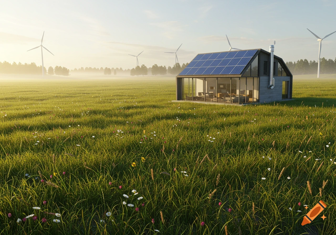 Modern house with solar panels in a green field with wildflowers, wind turbines in the misty background at sunrise.