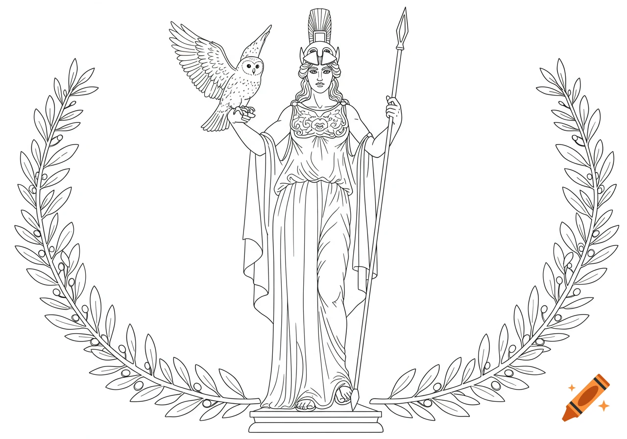 Black and white line art of Athena, helmeted, holding an owl and a spear, flanked by olive branches on a white background.