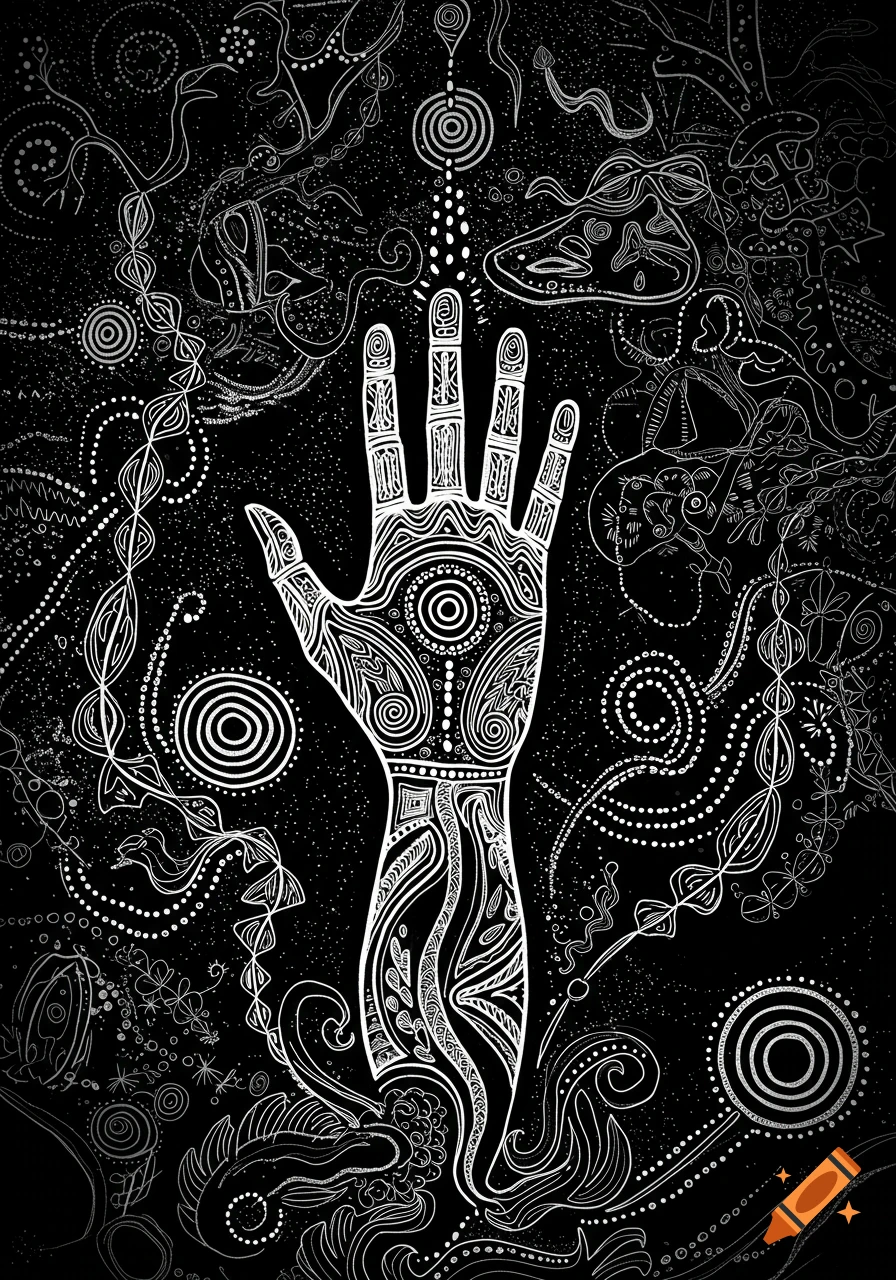 A stylized black and white image in the style of Aboriginal art featuring an intricately patterned hand against a swirling, dotted background.