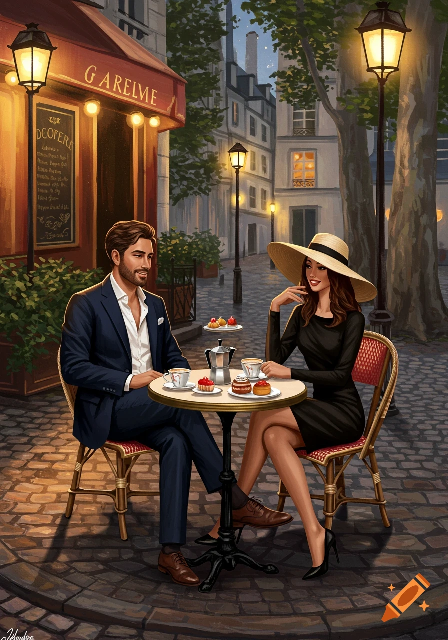 A stylish couple enjoys coffee and pastries at an outdoor cafe in a European city at dusk, in an illustrated style.