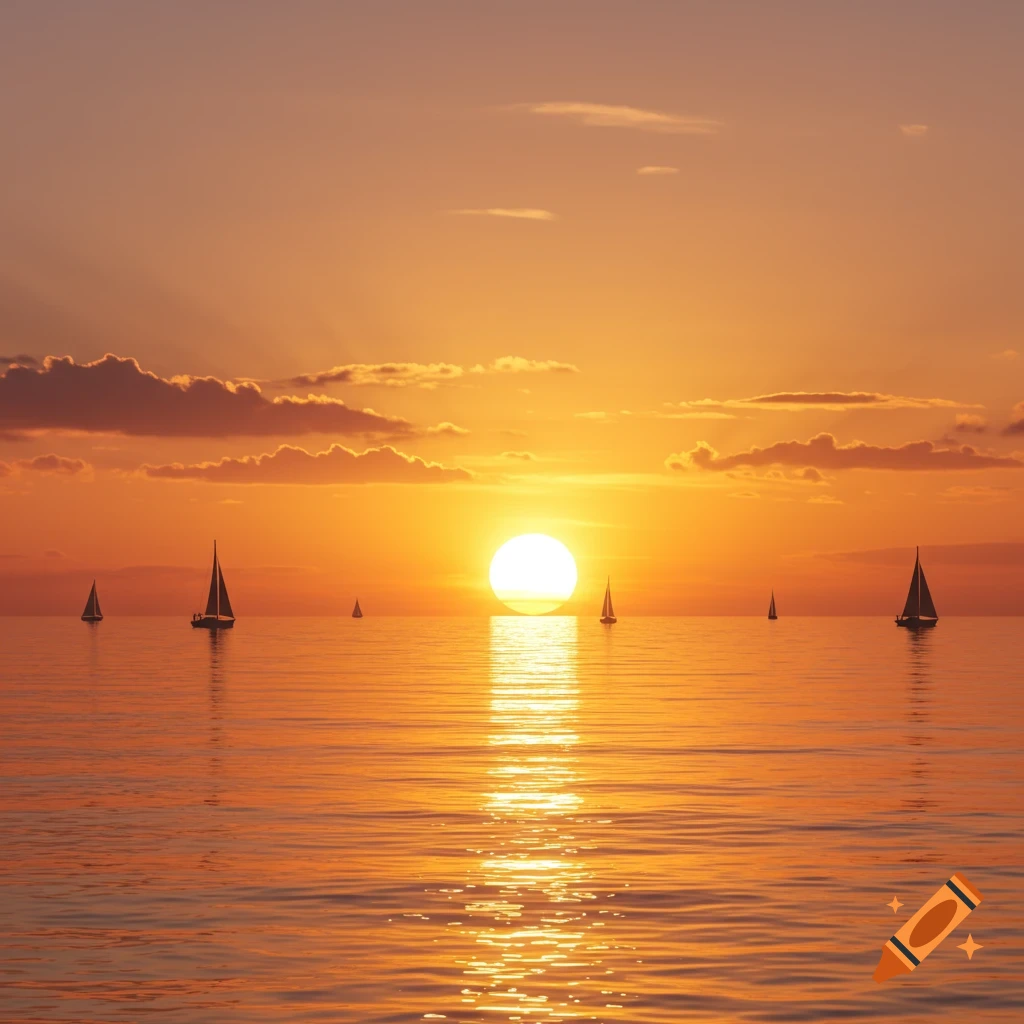 Photorealistic image of a vibrant orange and yellow sunset over calm water, with several dark silhouettes of sailboats on the horizon.