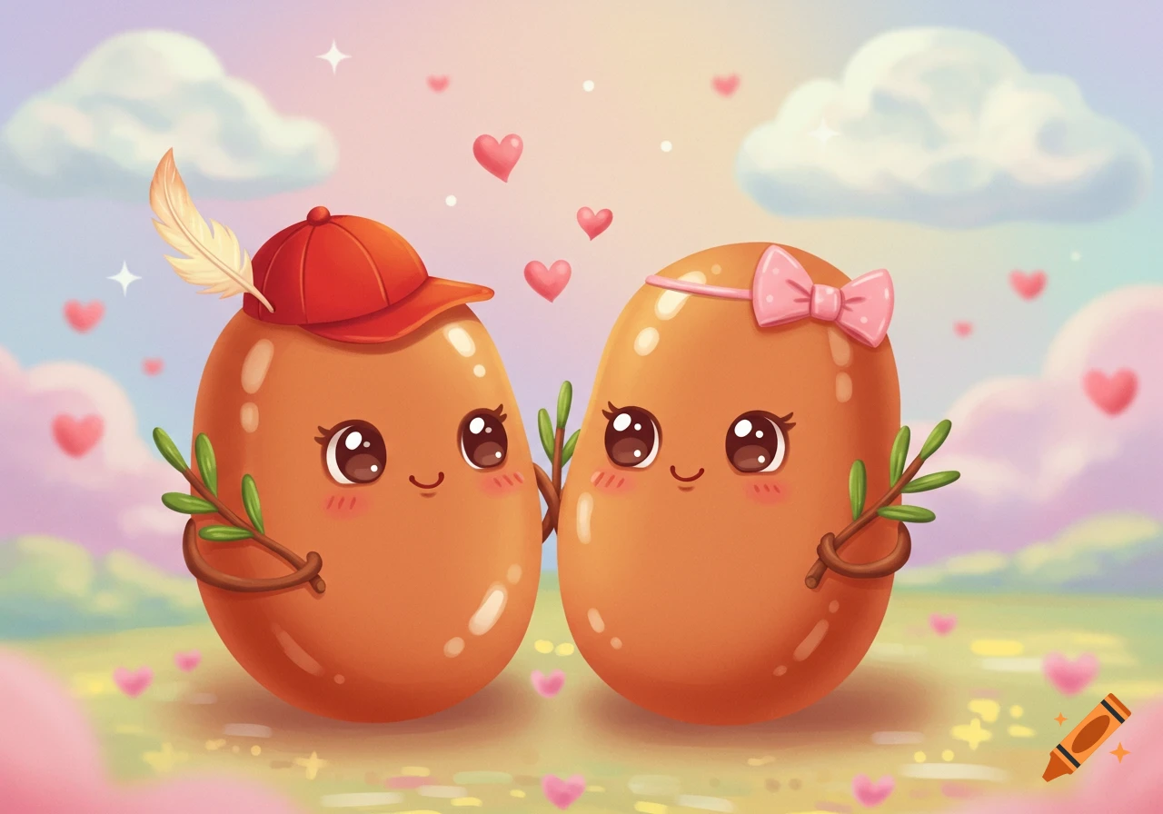 Two cute cartoon baked beans, one with a hat and feather, one with a pink bow, holding olive branches in a pastel landscape with hearts.