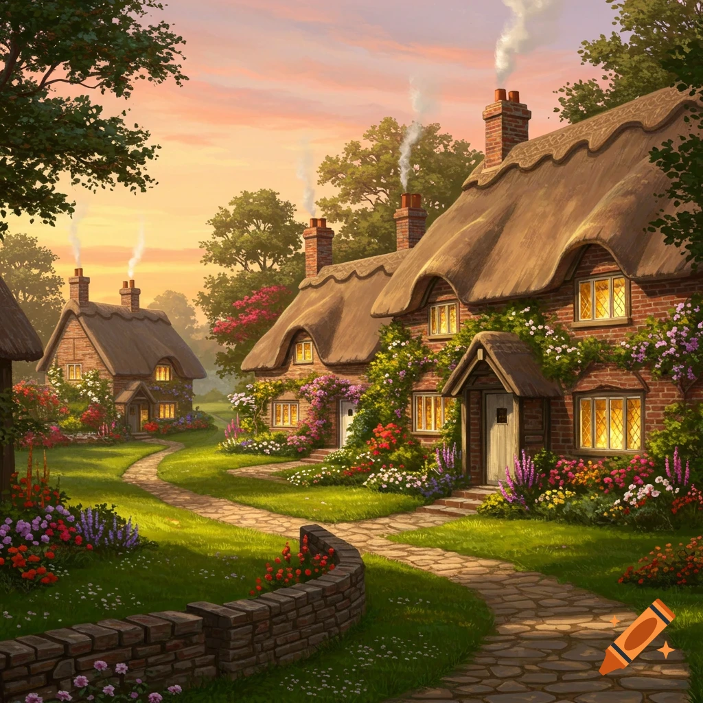 Charming thatched-roof cottages amidst colorful gardens and a winding stone path under a sunset sky.