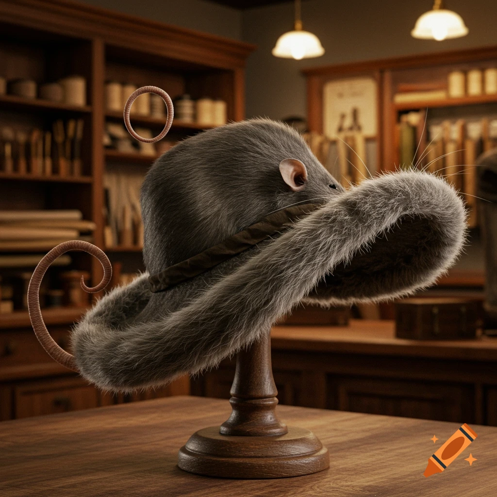 A photorealistic hat made from a rat's fur, head, and curled tail, displayed on a wooden stand in a library.