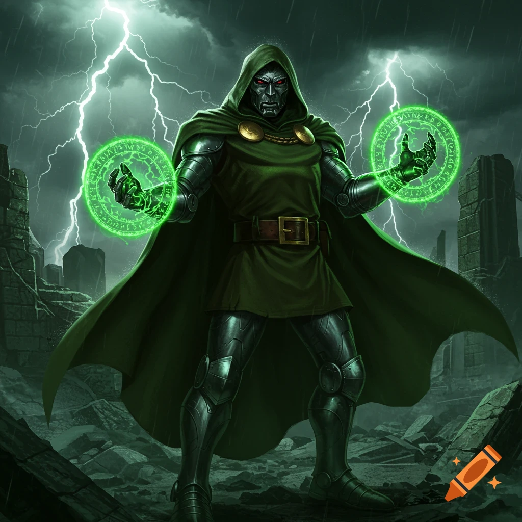 Dr. Doom, armored and cloaked in green, stands amidst ruins under a stormy, lightning-filled sky, casting green magic from his hands.