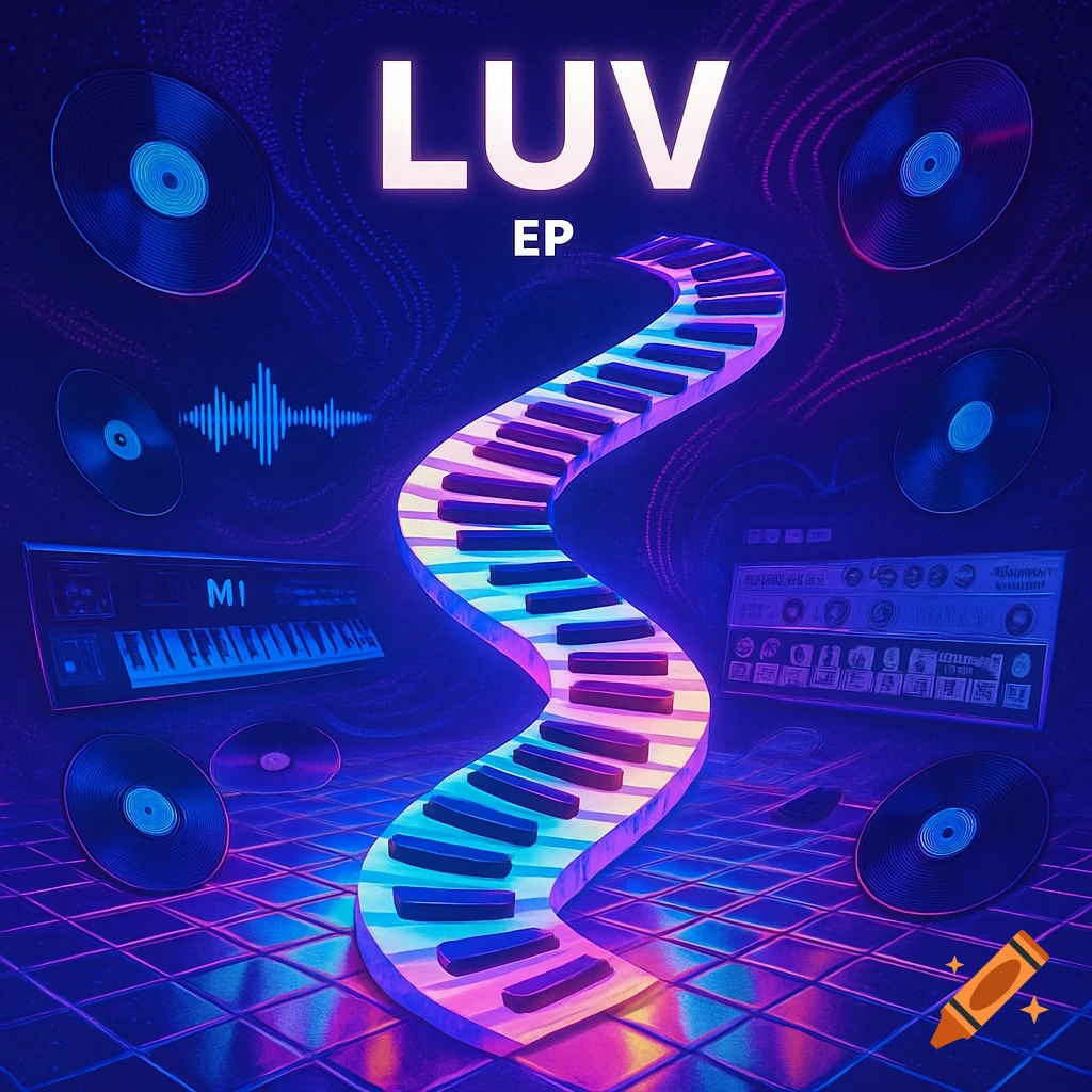 An album cover with a neon-lit, winding piano keyboard path, records, a synthesizer, and a mixer in a dark, grid-patterned room, with the text LUV EP at the top.