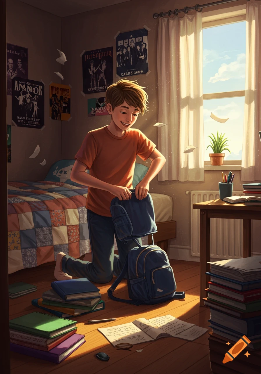 A smiling teen boy kneels on the floor of his sunlit bedroom, packing a blue backpack surrounded by books and papers.