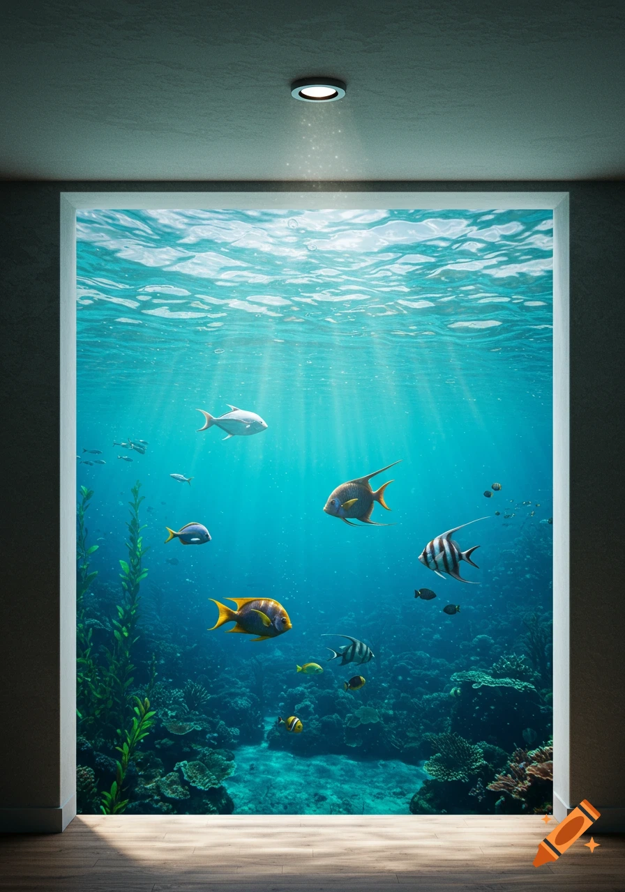 A photorealistic image of a basement window looking into a vibrant underwater world with various colorful fish and coral reefs, sunlight streaming from above.