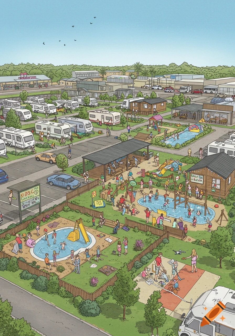 An isometric, cartoon-style illustration of a bustling caravan park with people, caravans, cabins, playgrounds, water play areas, and a covered activity space.
