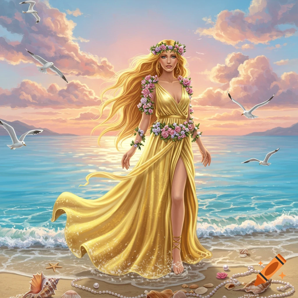 A blonde goddess in a golden, flower-adorned gown stands on a sunset beach with seagulls and seashells, artistic illustration.