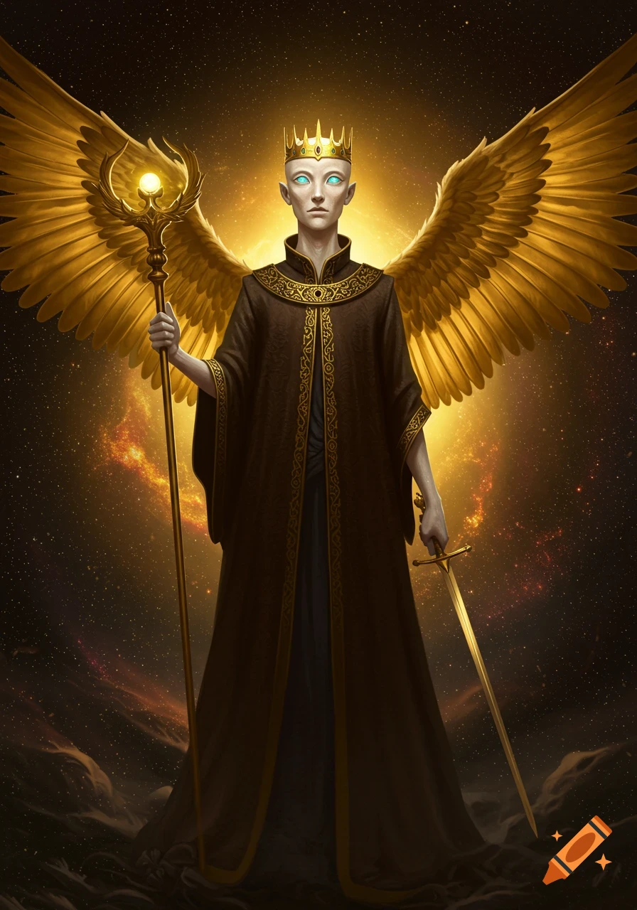 A bald, pale, androgynous figure with glowing blue eyes, golden wings, a crown, a sceptre, and a sword stands in space.
