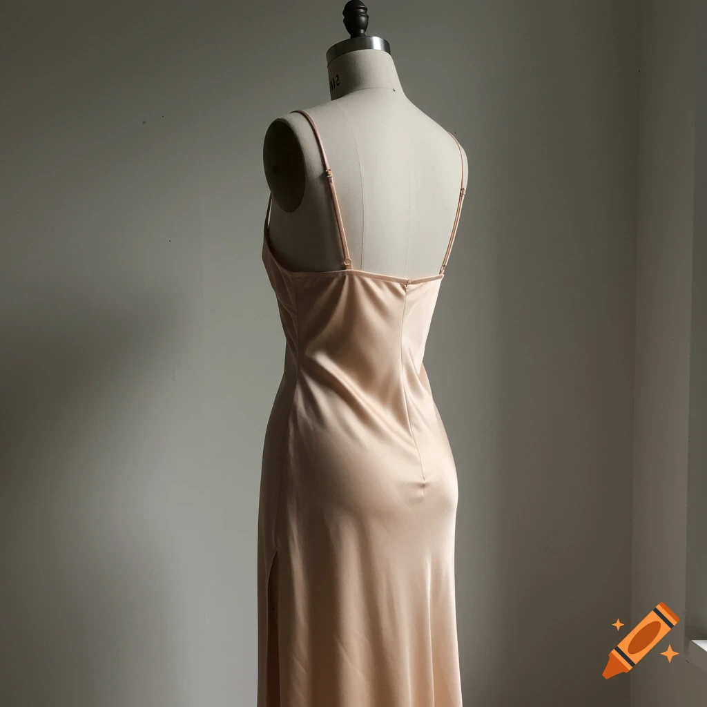 A champagne-colored bias-cut silk slip dress with spaghetti straps and a side slit on a mannequin.