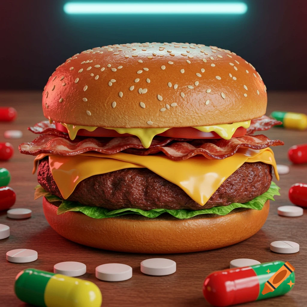 A photorealistic greasy bacon cheeseburger with melted cheese, lettuce, and tomato, surrounded by colorful and white pills on a wooden table.