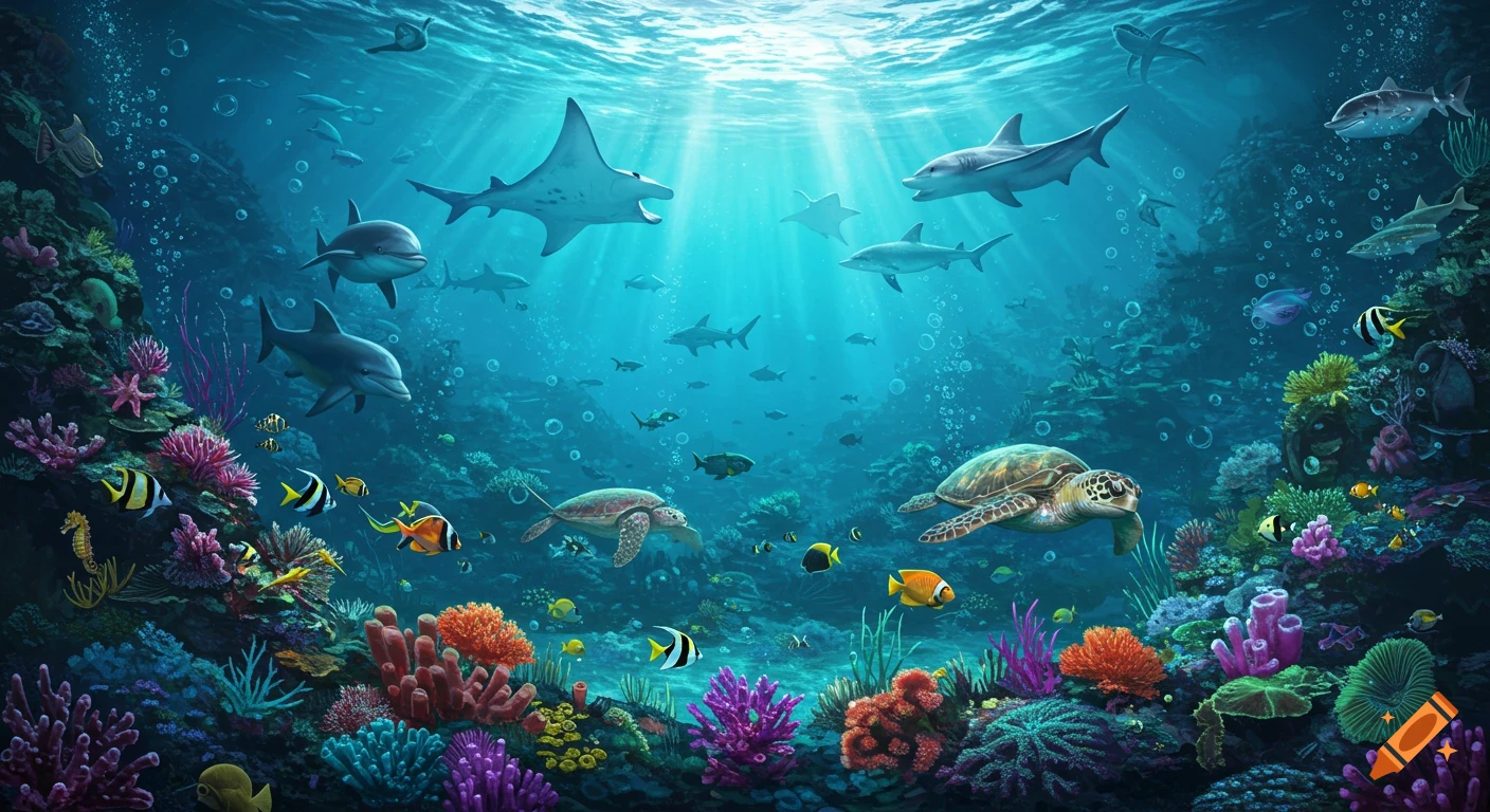 A vibrant underwater scene with sharks, dolphins, sea turtles, colorful fish, and a diverse coral reef illuminated by sunlight.