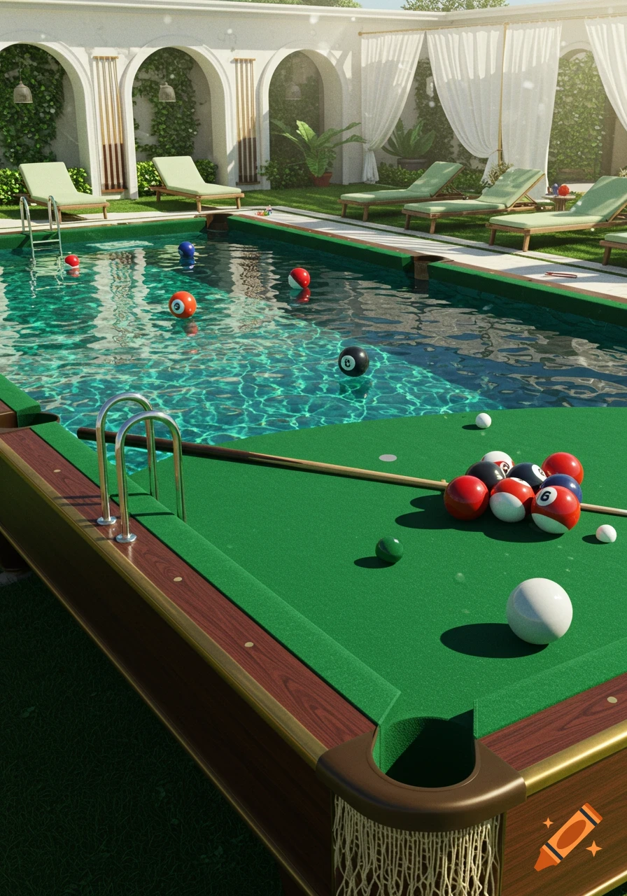 A surreal outdoor scene featuring a swimming pool designed like a pool table, with billiard balls in water and on green felt, surrounded by lounge chairs and arches.