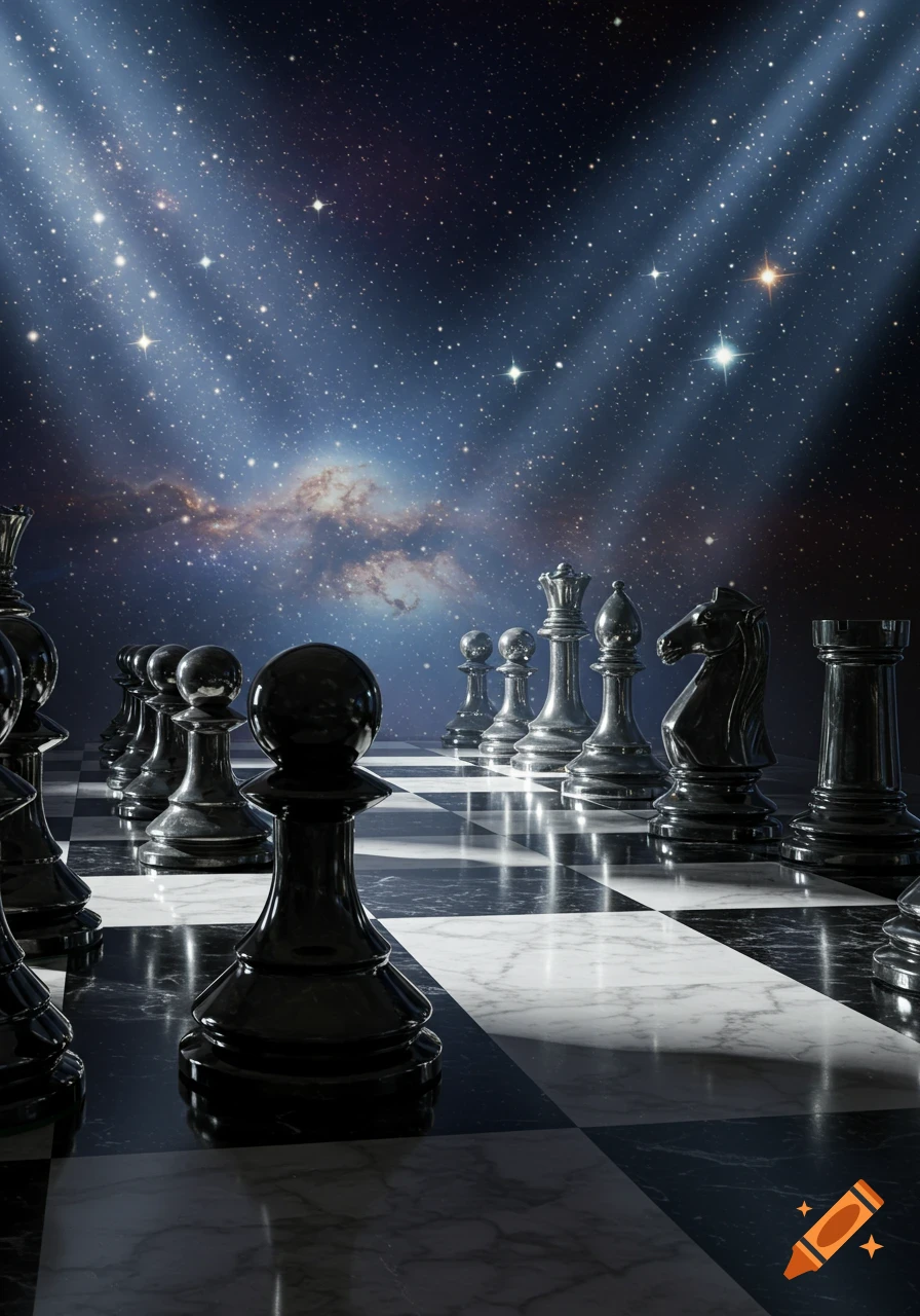 A black and white marble chessboard with black chess pieces set against a dark, starry cosmic background with nebulae and light rays.