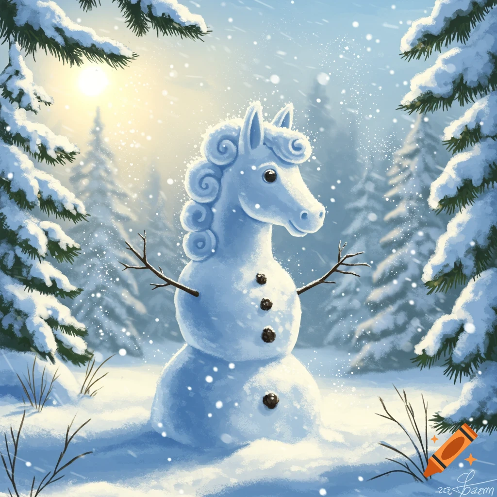 A whimsical horse-headed snowman stands in a snowy forest with snow falling, surrounded by snow-covered pine trees and a soft sunny glow.