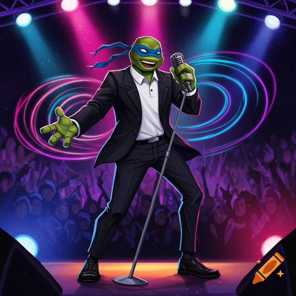 Leonardo from TMNT, wearing a black suit and white polo, sings into a microphone on a stage under colorful spotlights with a cheering crowd.