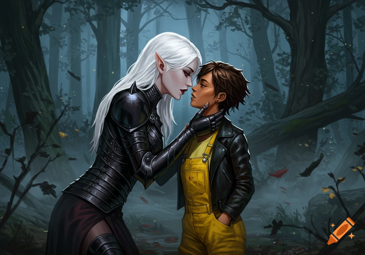 Digital painting of a white-haired vampire in dark armor leaning in to kiss a woman in yellow overalls in a dark forest.