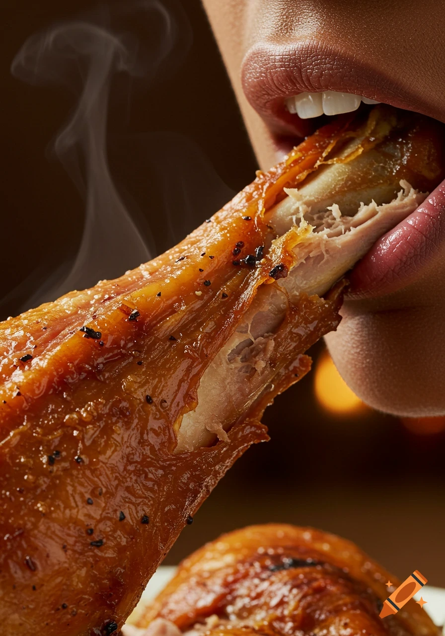 Closeup of a person's mouth biting into a steaming, golden-brown turkey leg on Thanksgiving, photorealistic.