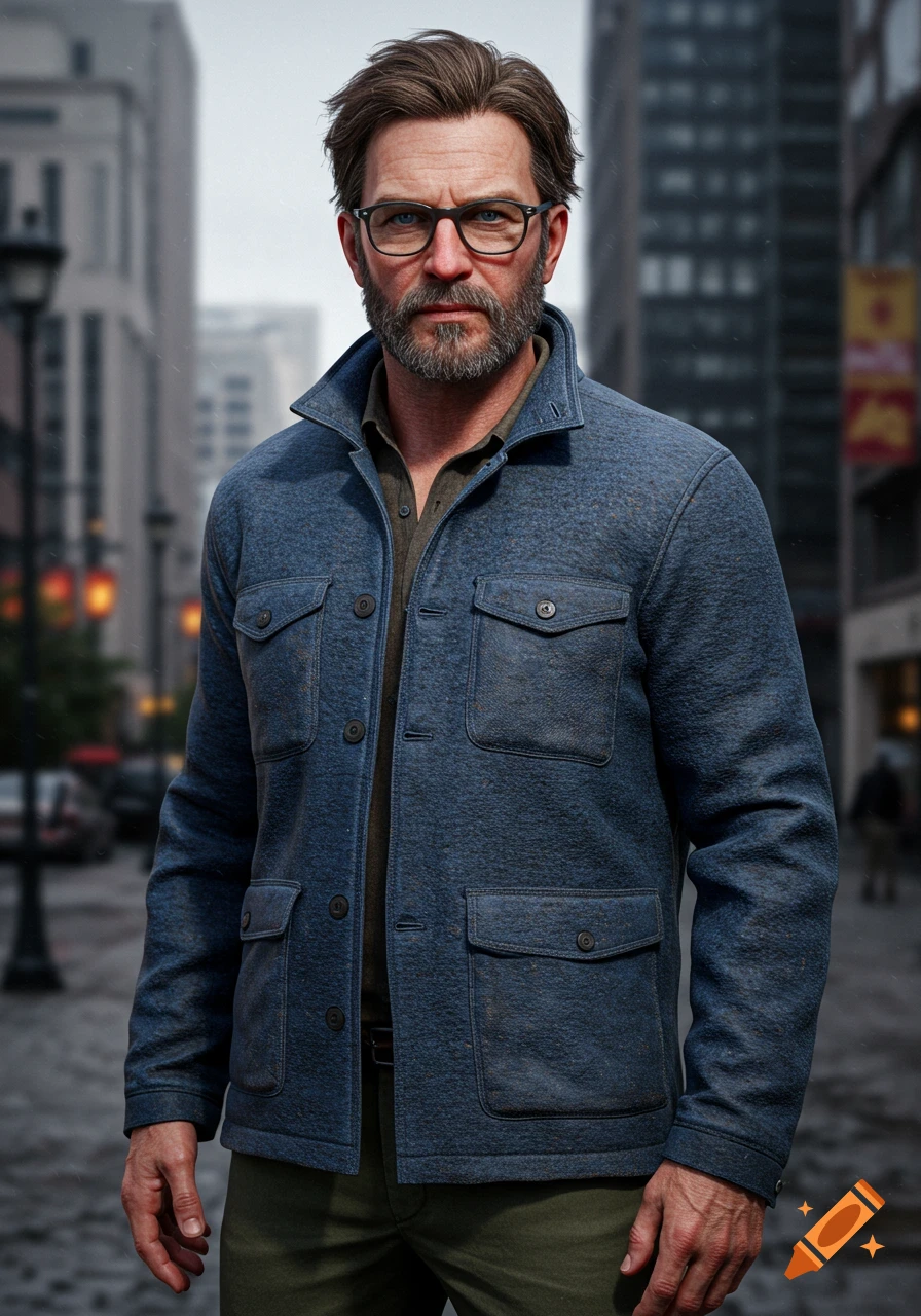 A man with blue eyes, glasses, a beard, and a mustache, wearing a blue jacket and green pants, stands in a city street.