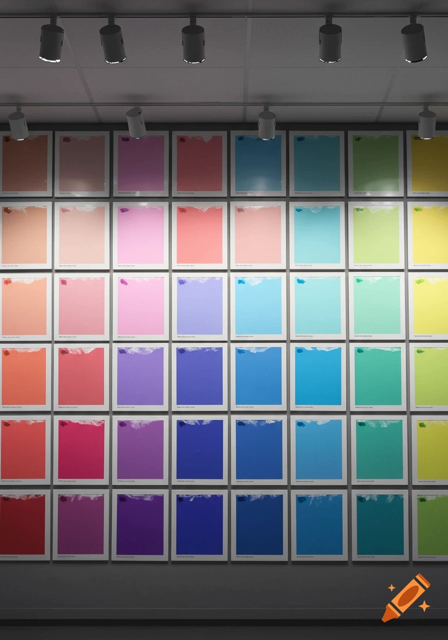 A wall display of numerous framed color cards arranged in a grid, lit by spotlights from above.