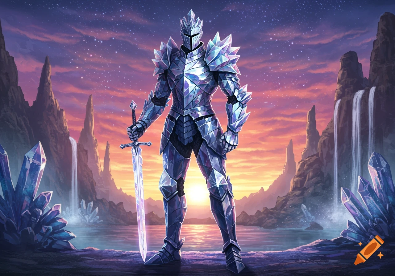 A crystal knight in shining armor stands with a glowing sword in a fantasy landscape with mountains, waterfalls, and crystals at sunset.