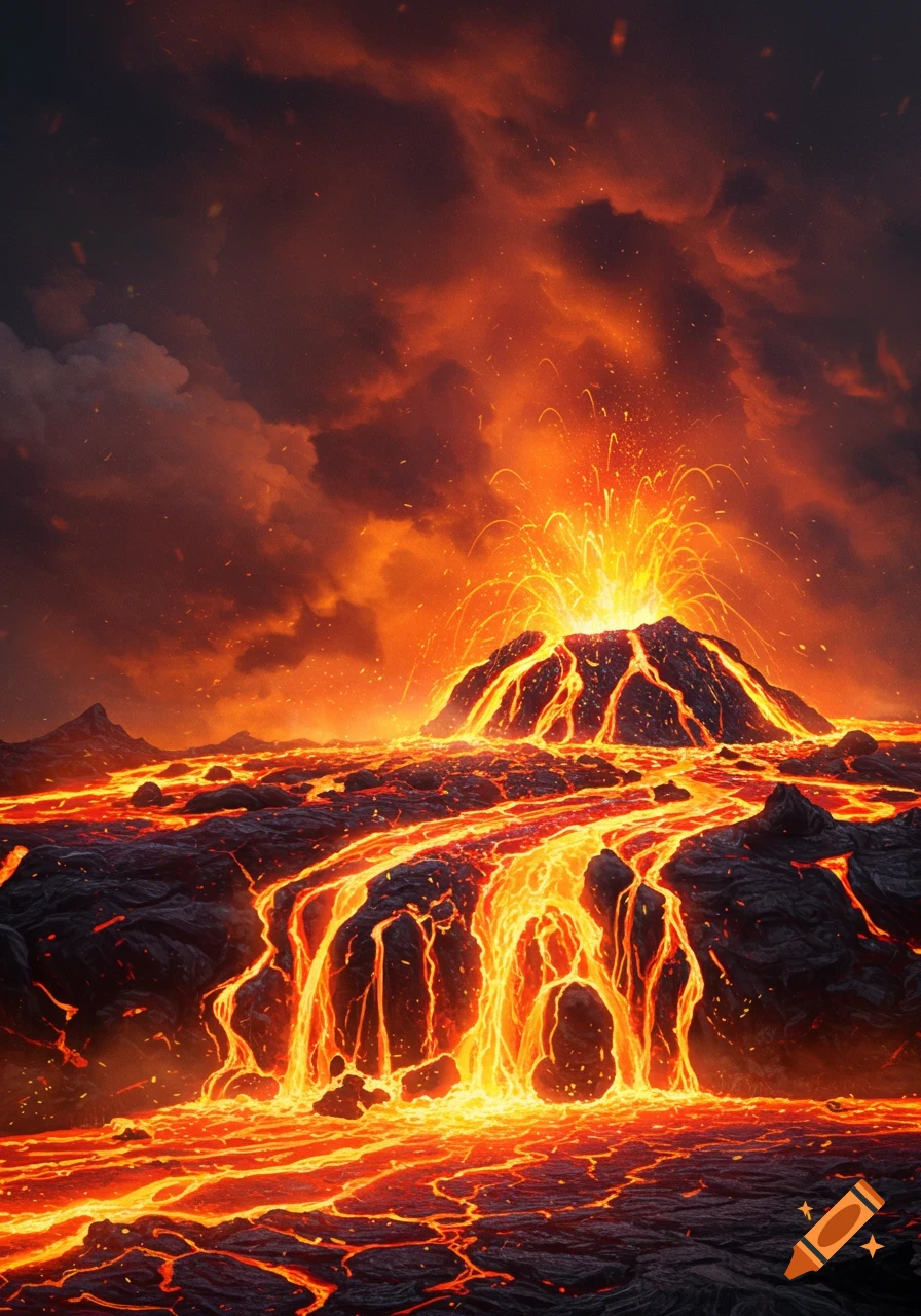 A vibrant volcanic eruption with bright orange and yellow lava flowing down a dark volcano under a fiery, smoke-filled sky.
