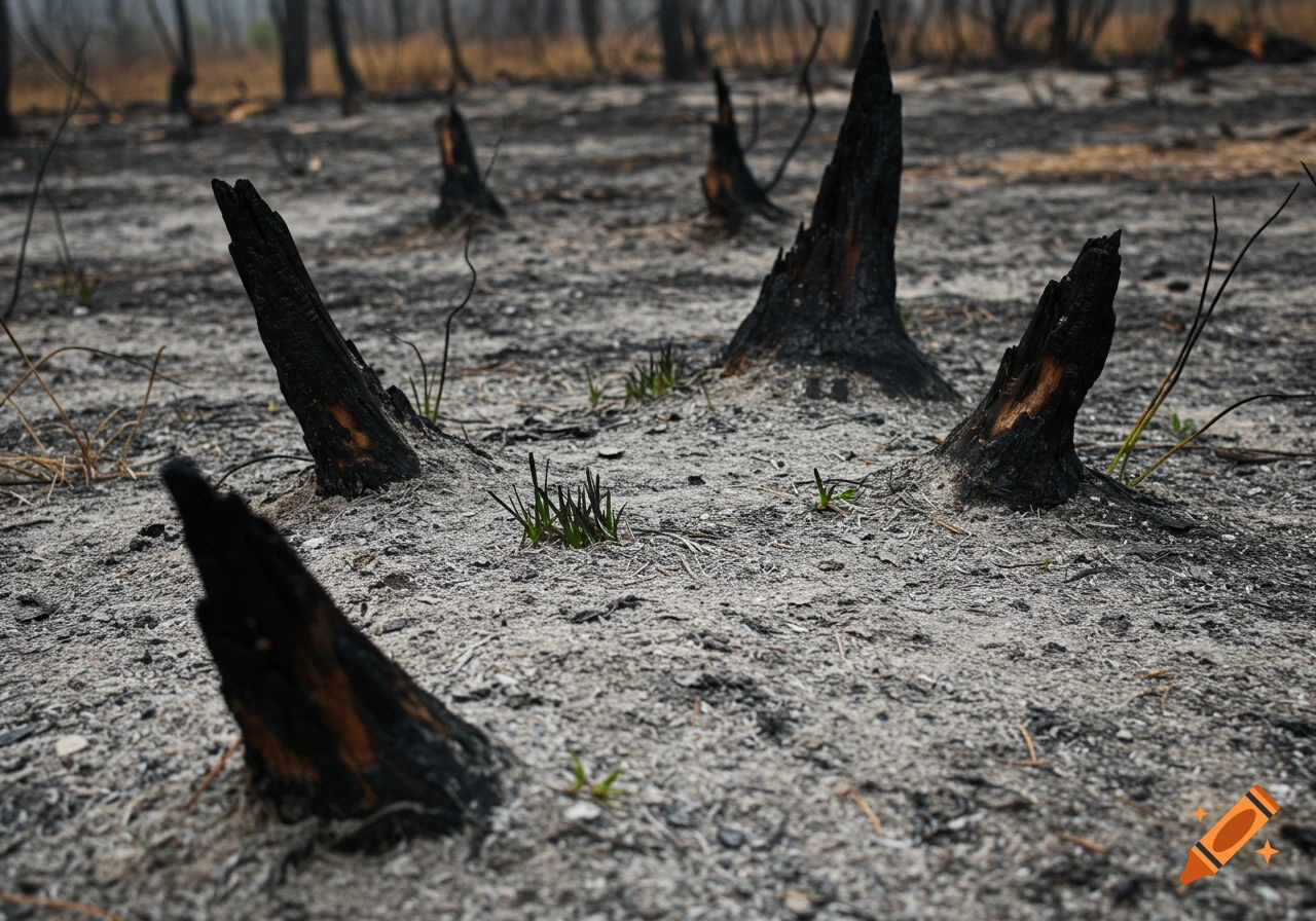 Close-up of a burned forest floor covered in gray ash, with black charred tree stumps and small green shoots beginning to emerge.