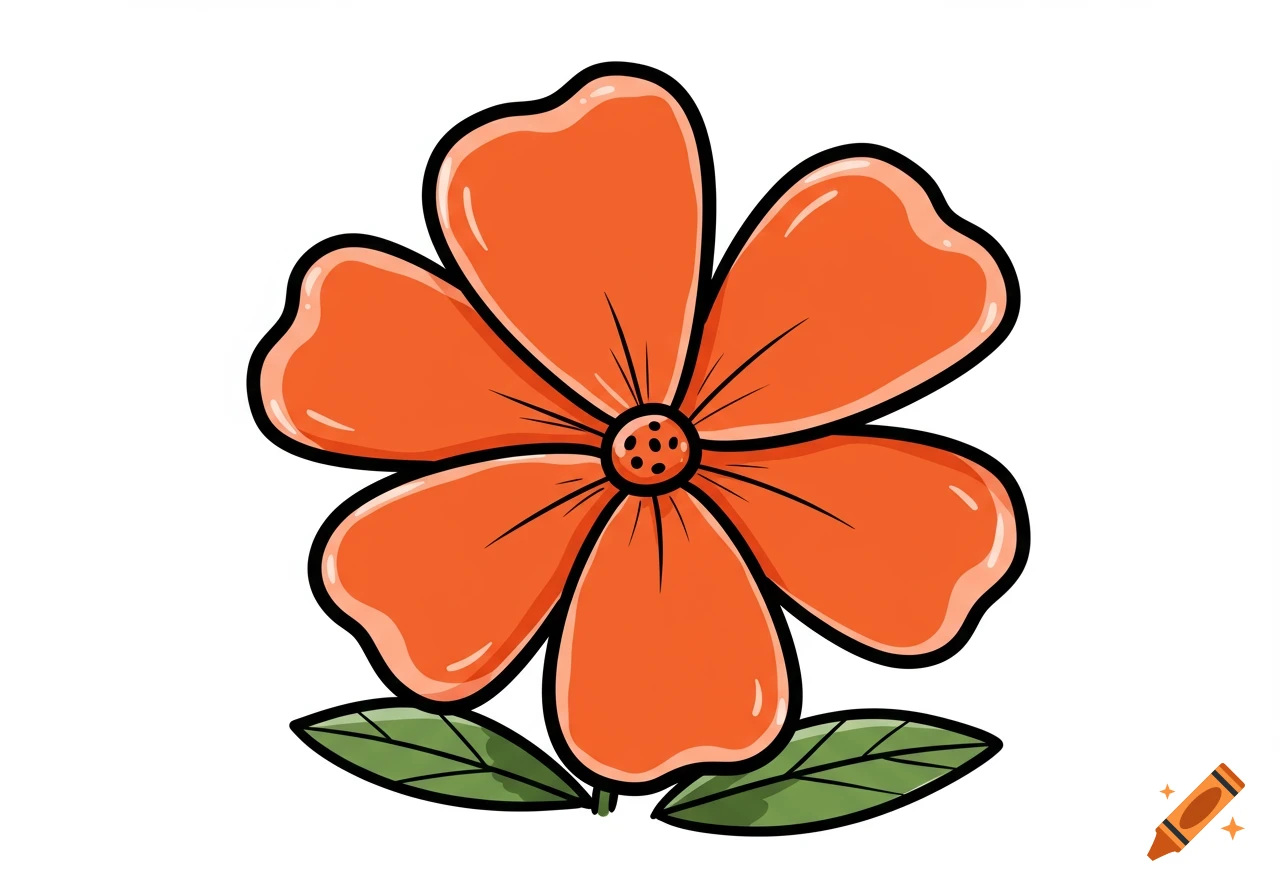 An orange flower with five petals, a dark center, and two green leaves, in a doodle style with thick black outlines and subtle highlights.