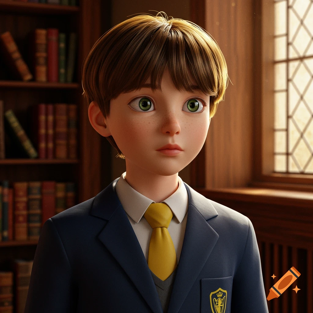 A 3D animated portrait of a young boy with green eyes and a bowl cut, wearing a blue blazer and yellow tie, in a library.