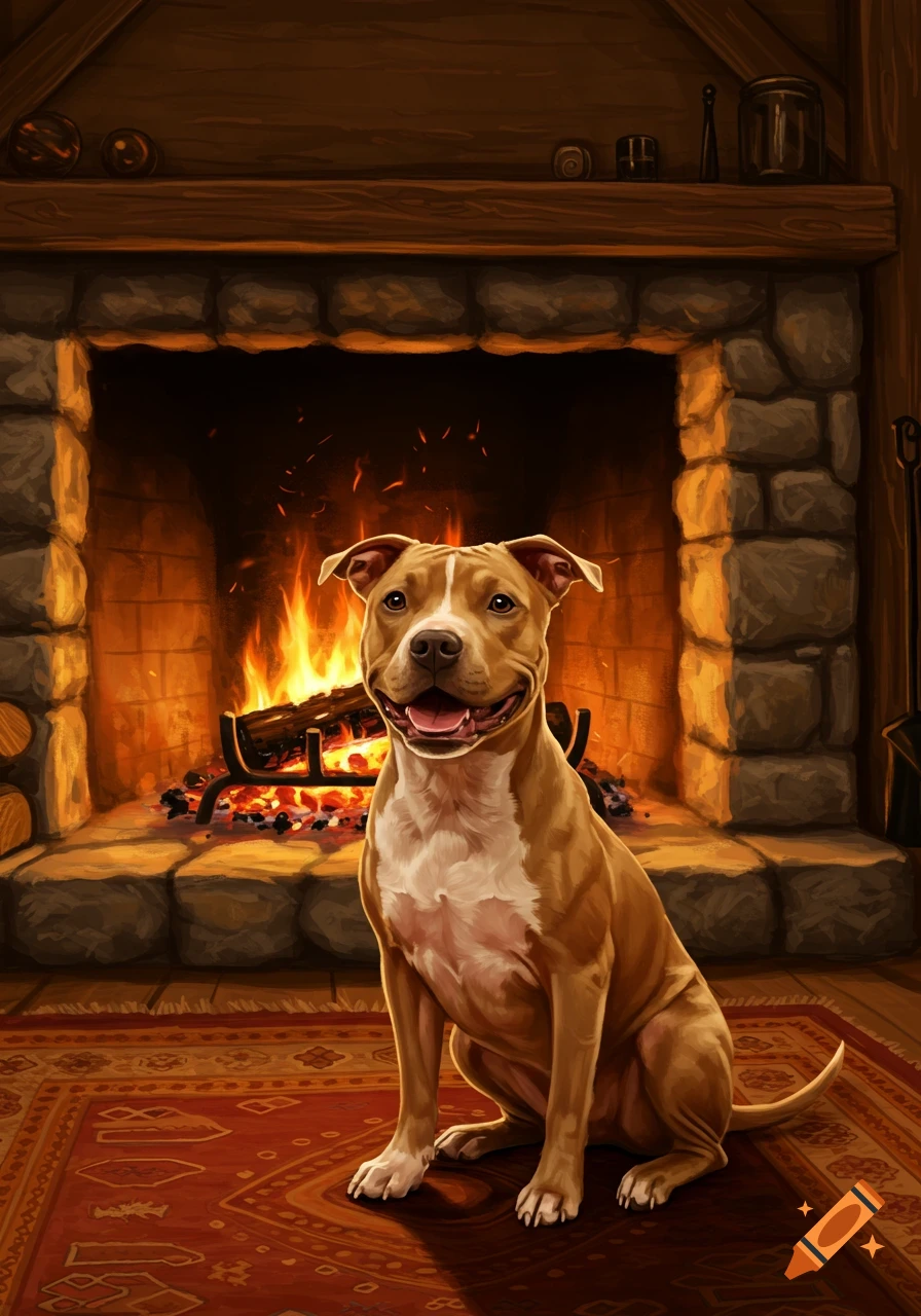 A tan and white pitbull terrier sits smiling on a patterned rug in front of a warm, glowing stone fireplace.