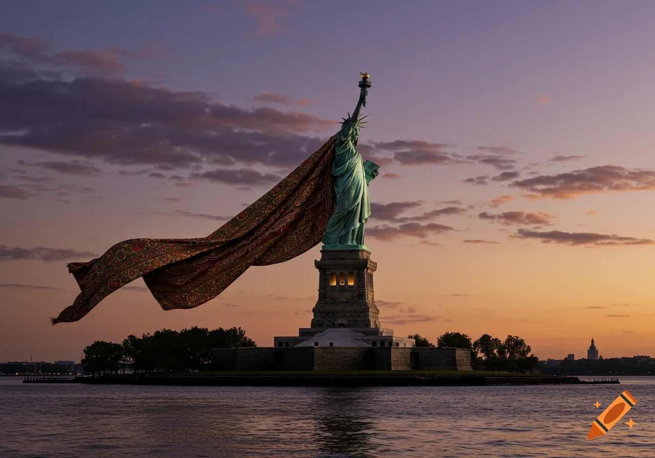 Statue of Liberty draped in a patterned fabric resembling a burqa, against a vibrant sunset sky, with water.