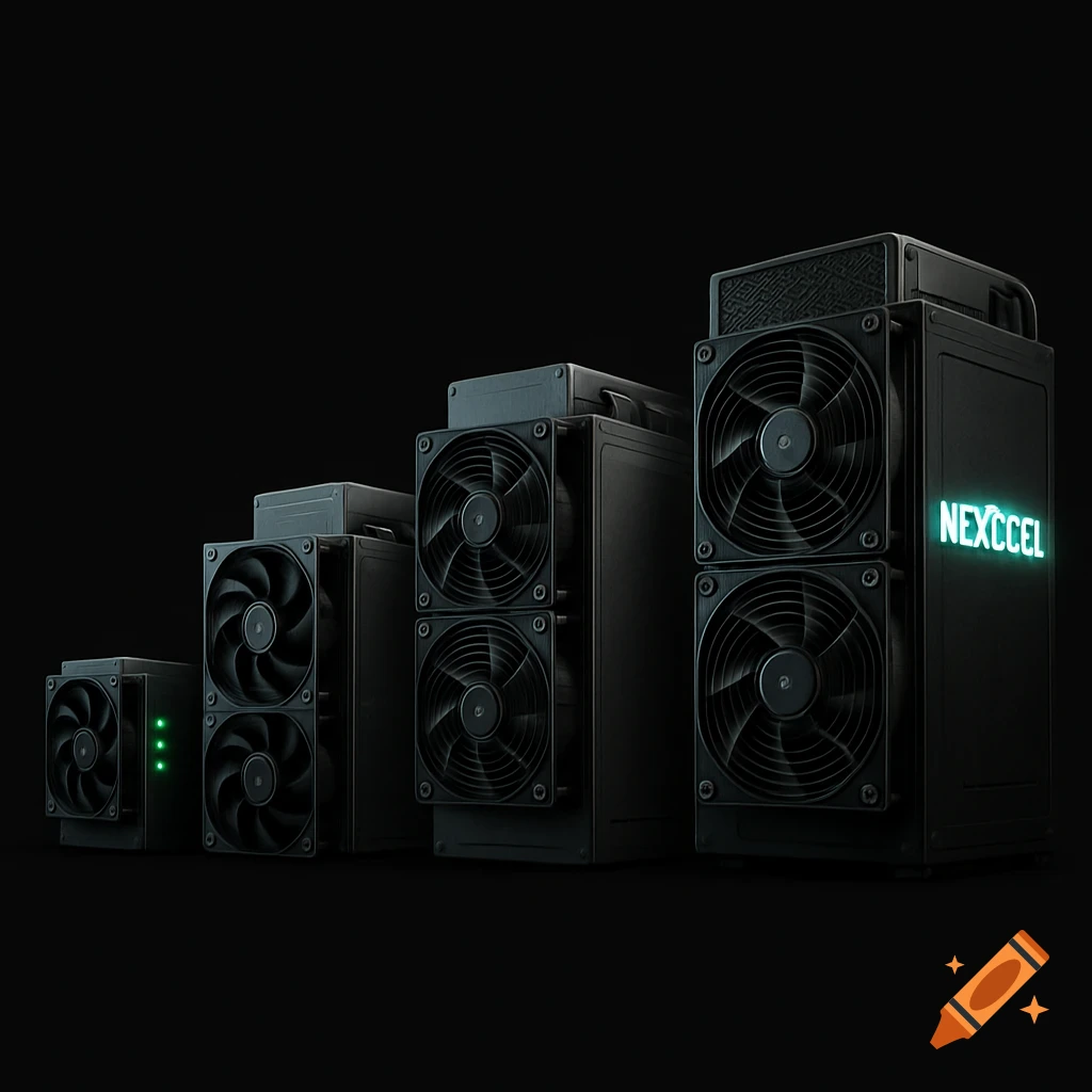 Five black cryptocurrency mining machines of increasing size, with fans and green lights, against a dark background. The largest machine has glowing 'NEXCCEL' text.
