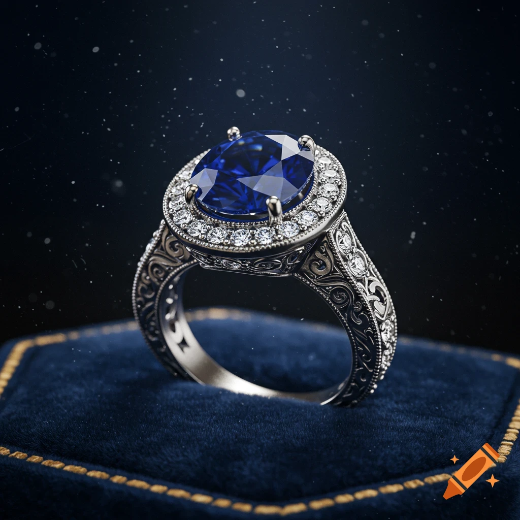A photorealistic silver ring with an oval blue sapphire and diamond halo, resting on a blue velvet cushion.