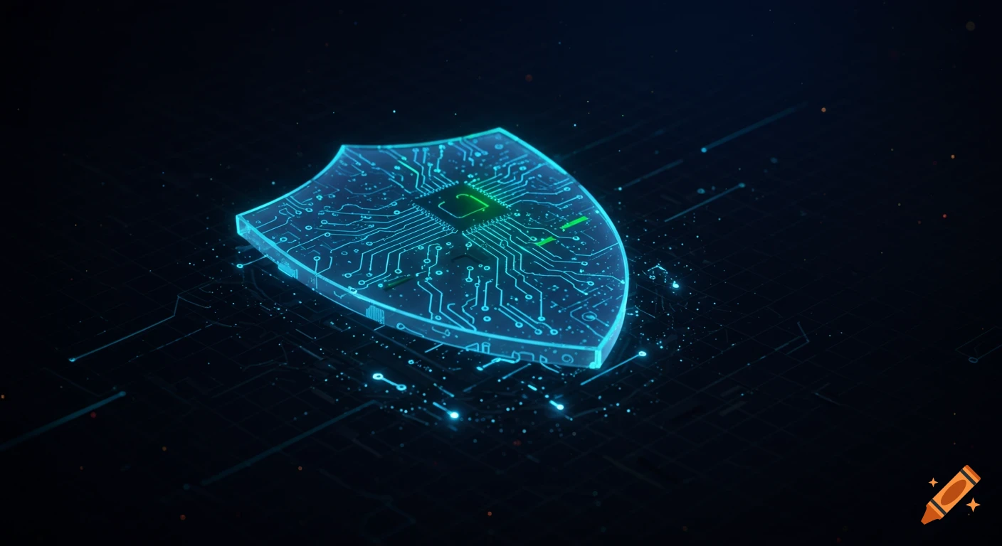 A glowing blue and green circuit board shield against a dark, high-tech ...