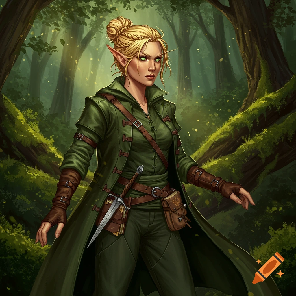A blond-haired female elf with green eyes, dressed in a green coat and pants with a dagger, stands in a mystical forest in a Dungeons and Dragons art style.