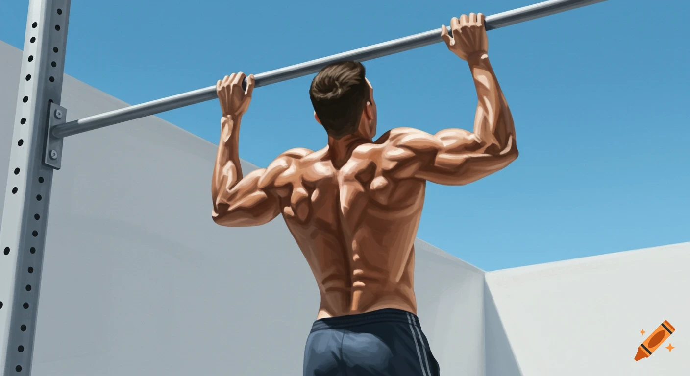A muscular man does a pull-up on a bar outdoors against a blue sky, viewed from the back in a painterly style.