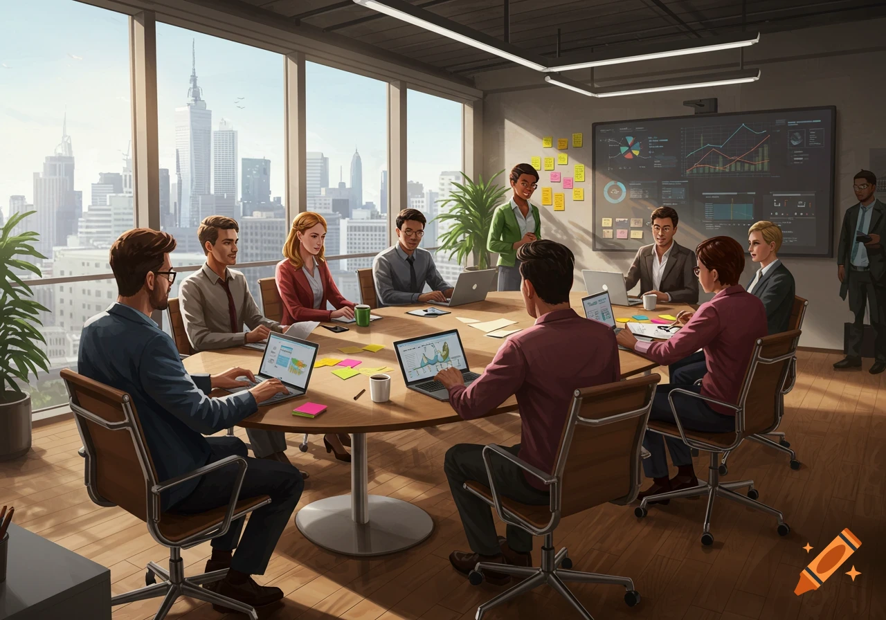A diverse group of professionals in a modern office meeting room with a city skyline visible through large windows.