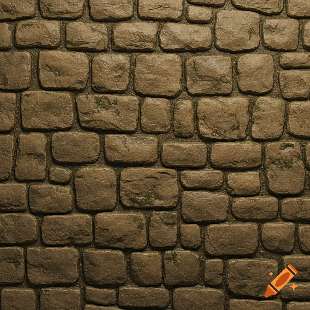 Seamless texture of an old, warm brown stone wall with small, semi-round, tightly packed stones and hints of moss.