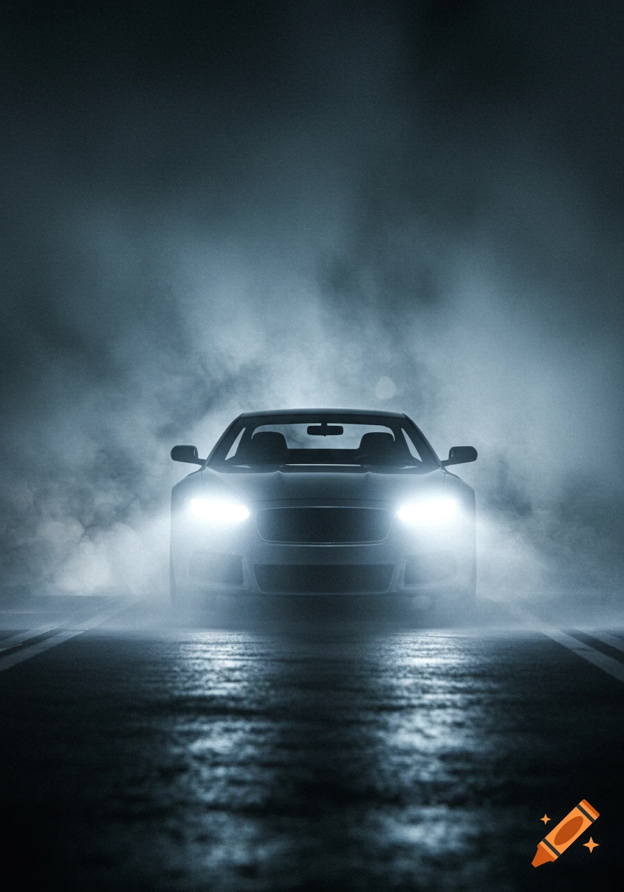 A dark car with bright headlights approaches through dense fog on a wet road, shot from a low frontal angle.